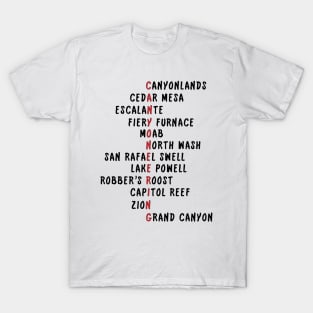 Utah Canyoneering Locations Acrostic (Black) T-Shirt